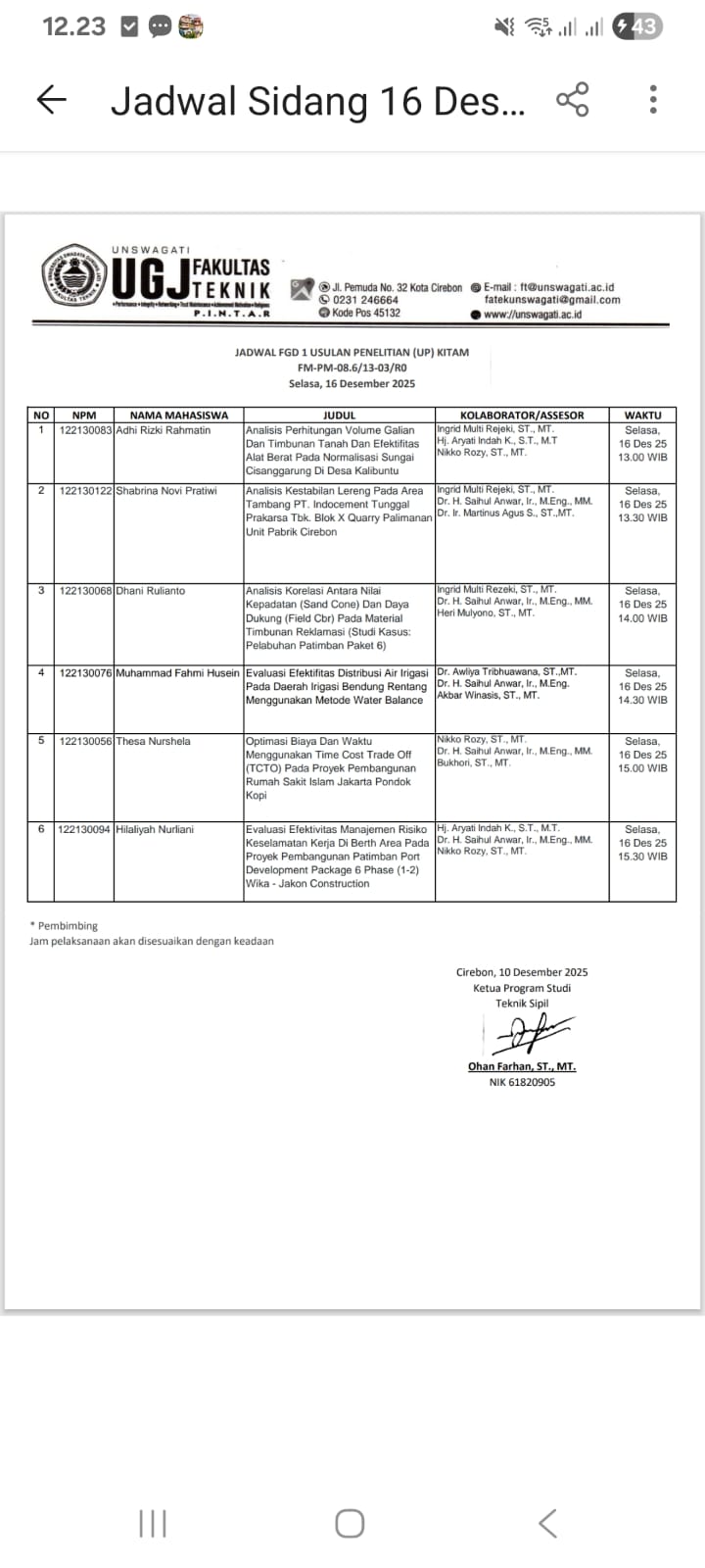 Jadwal Sidang FGD 1 Usulan Penelitian (UP) KITAM Teknik Sipil