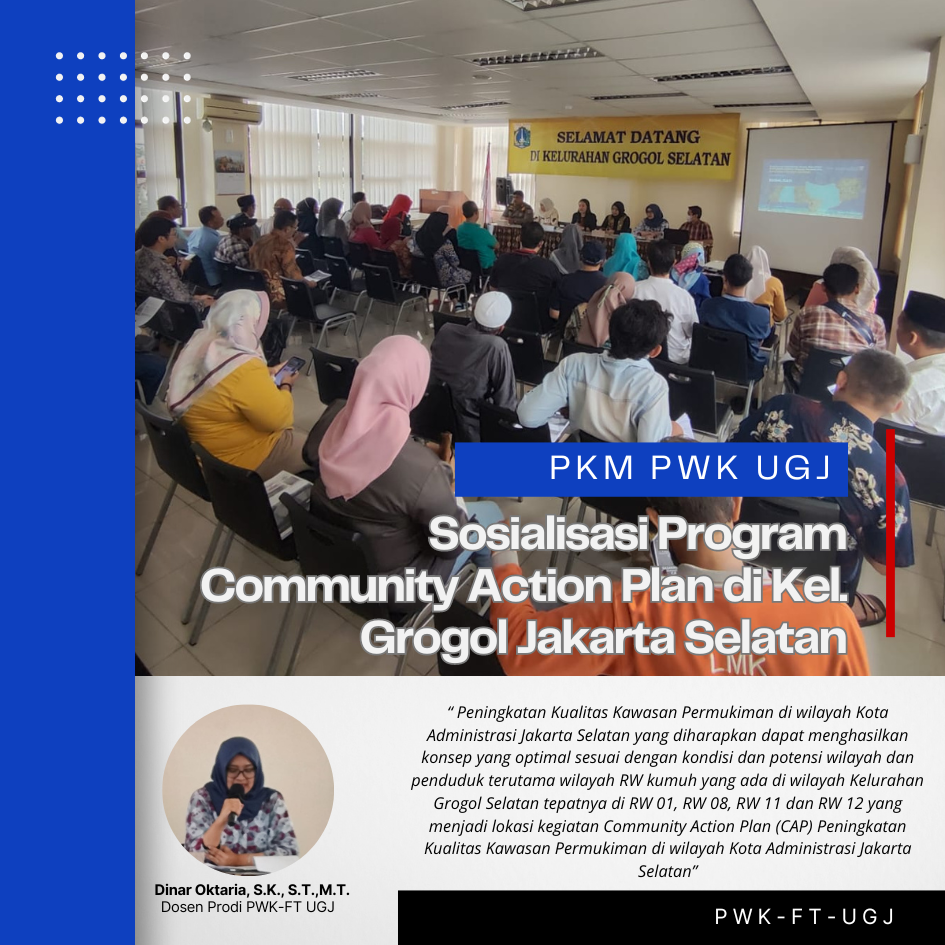 Dosen PWK UGJ melakukan Sosialisasi Penataan Kawasan Padat Penduduk dalam Program Community Action Plan (CAP), Kel. Grogol, Jakarta Selatan.