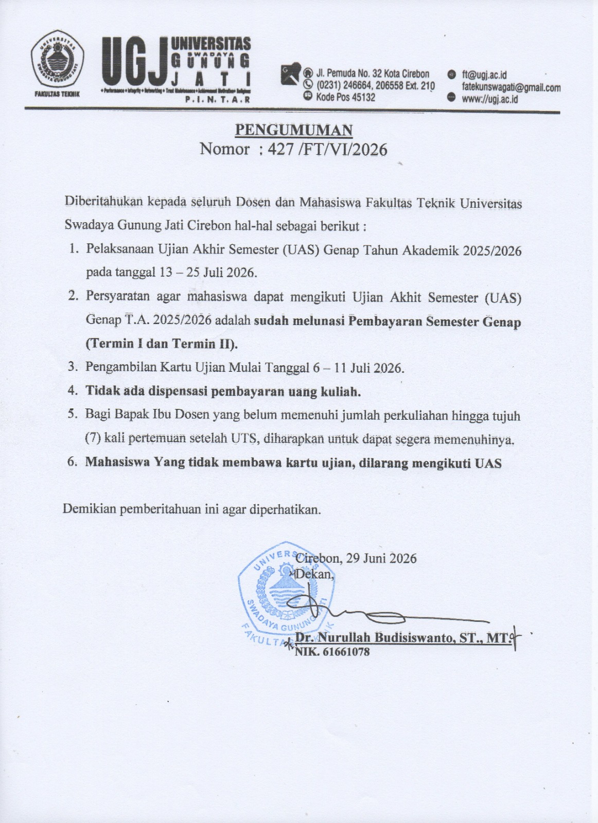 Pengumuman Ujian Akhir Semester Genap TA. 2025-2026